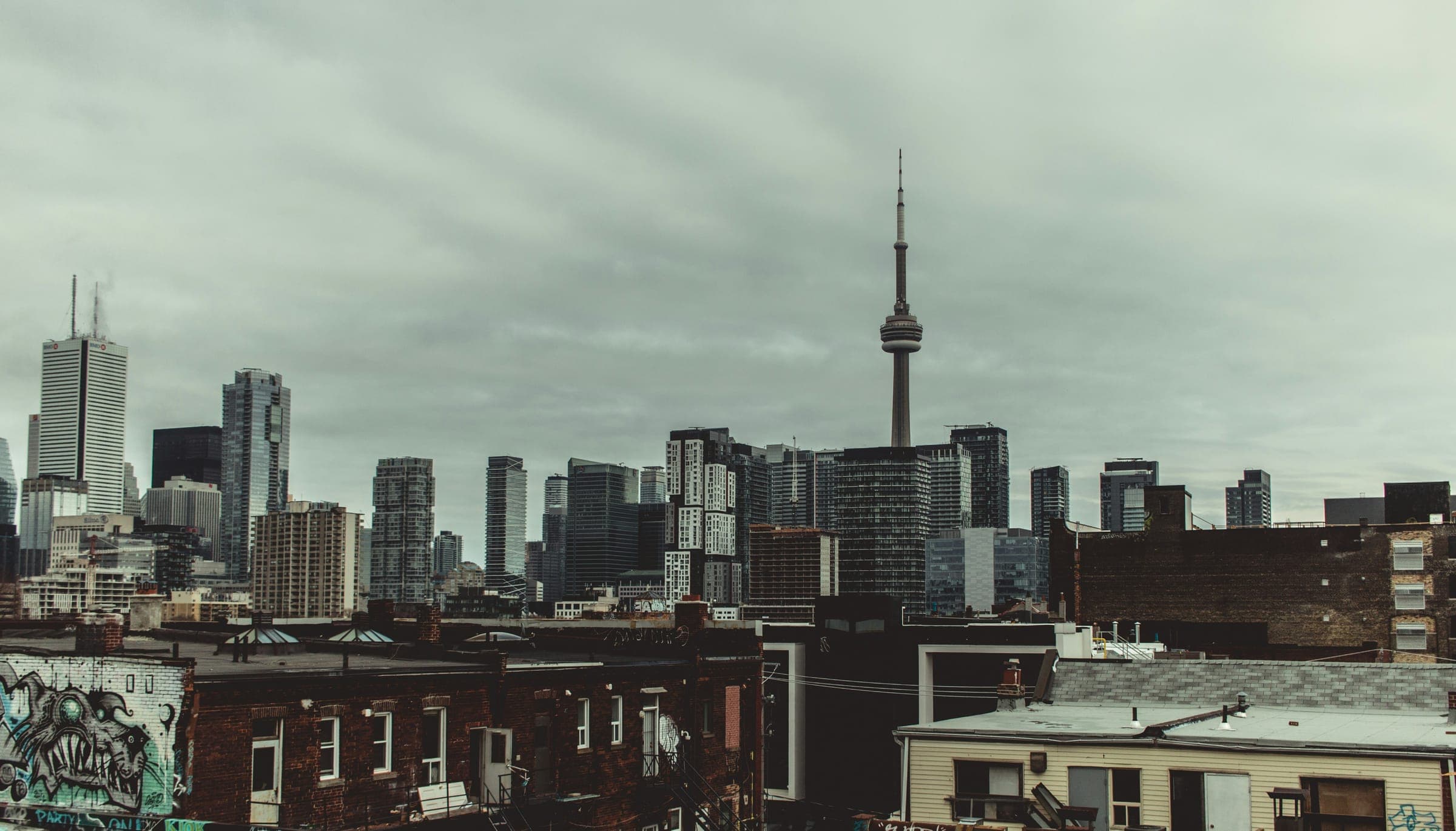 A city skyline with a television tower